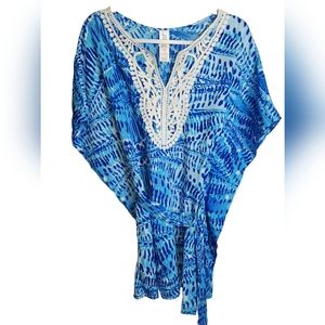Beach Vibrant Blues Swim Coverup with Belt - Crochet  Size S/M P/M - EUC